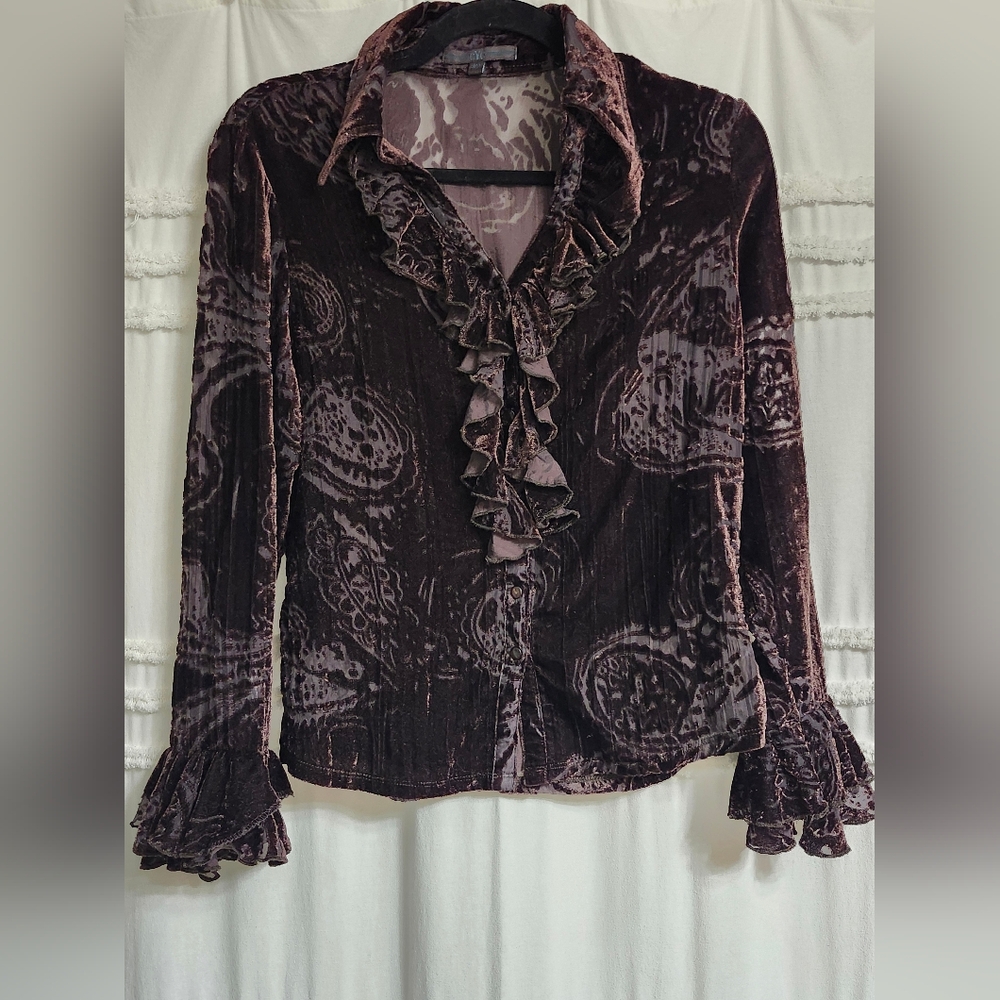 Stunning, Vintage, Velvet Ruffle Blouse in Deep Brown. No Further Reductions!
